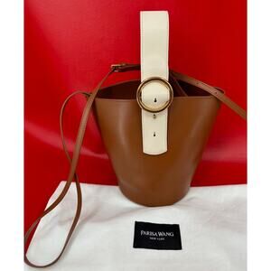 Parisa Wang Addicted Caramel Brown Off White Leather Handle Crossbody Bucket Bag